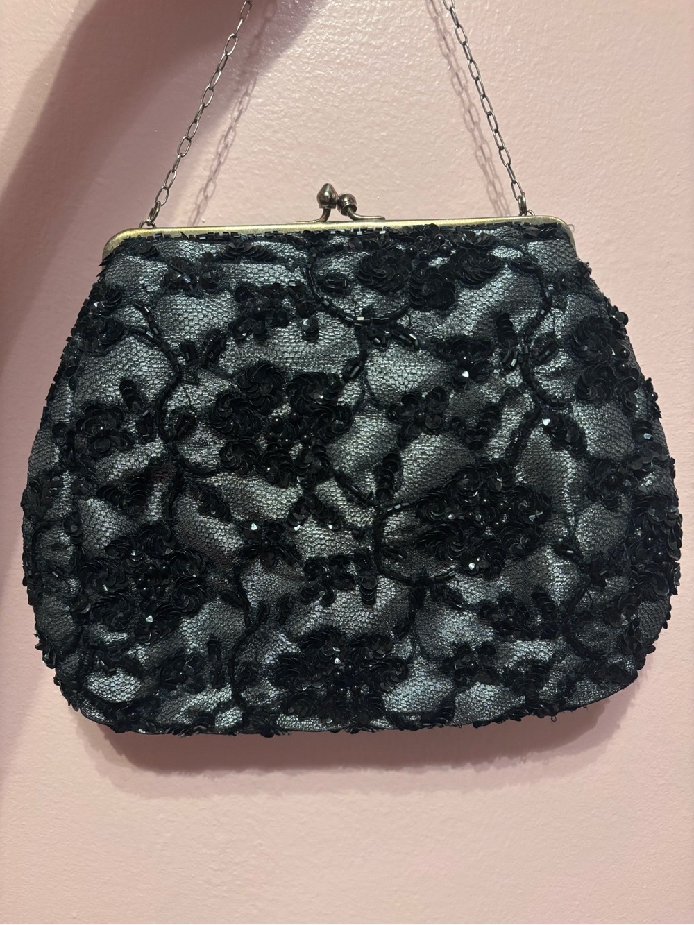 Vintage Satin Black Beaded Evening Bag